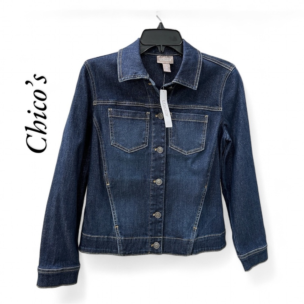 Chico’s Shimmer Denim Dark Blue Jacket Sparkles Four Pockets Size 0 (Size S) NWT